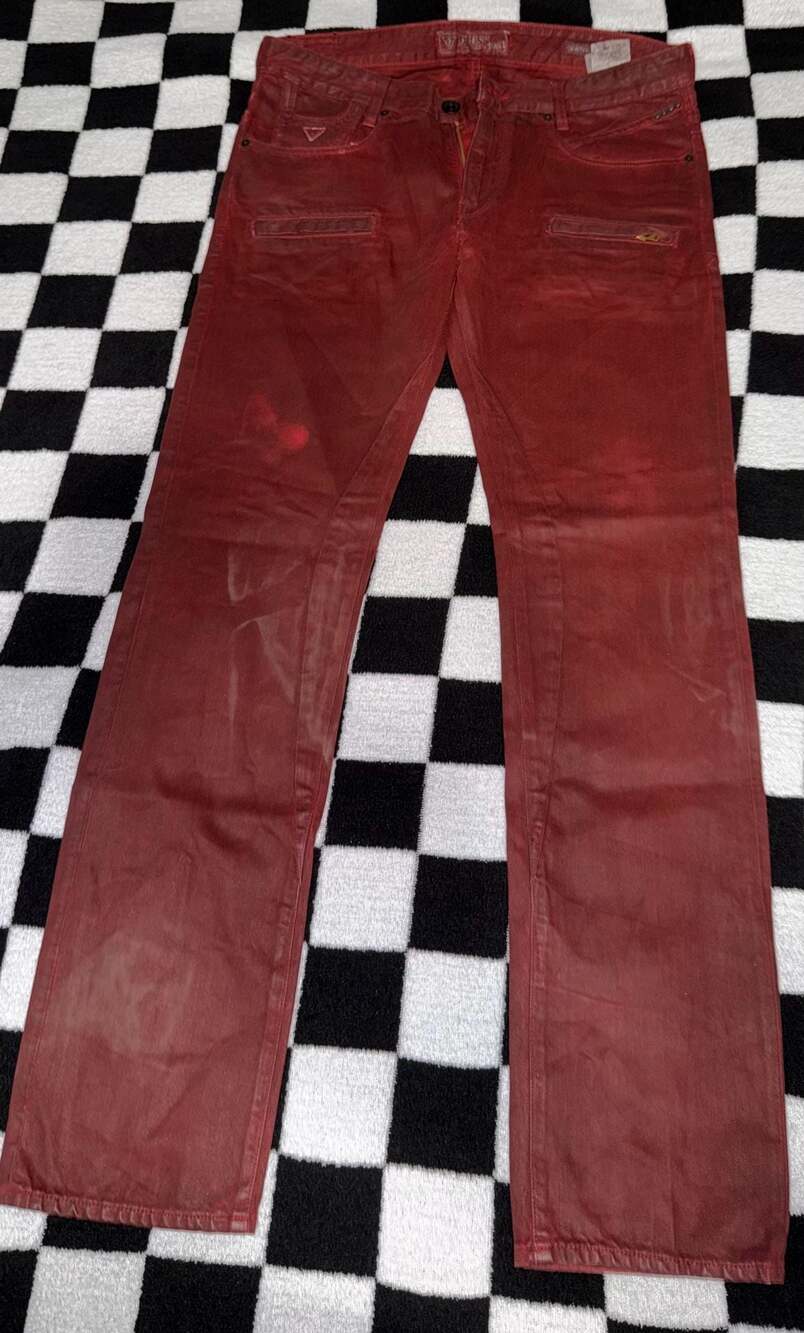 GUESS 1981 Los Angeles Red Waxed Biker Jeans
